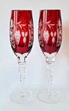 PAIR AJKA MARSALA RUBY RED LEAD CRYSTAL CHAMPAGNE FLUTE GLASSES, MARKED