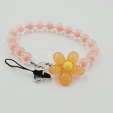 Handmade Beaded Wristlet Phone Lanyard Peach-Tangerine Flower Clear Pink Beads