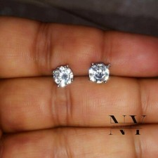 Moissanite Solitaire Stud Earrings 2 Carat Round Cut Solid 14K White Gold