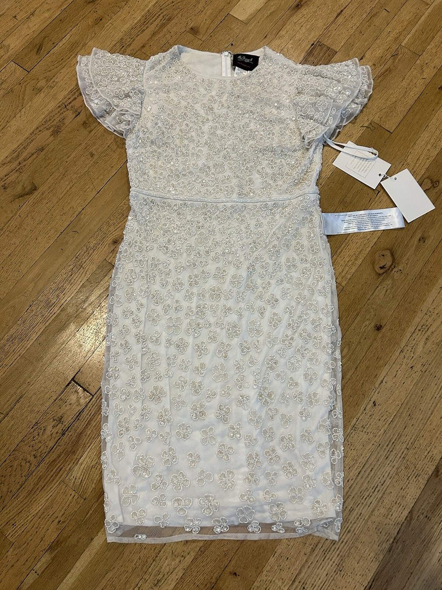 New W/ Tags Mac Duggal White Beaded Midi Dress 12 Flounce Sleeve Wedding  A10827