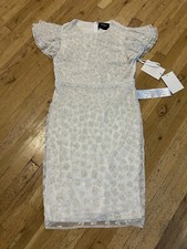 New W/ Tags Mac Duggal White Beaded Midi Dress 12 Flounce Sleeve Wedding A10827