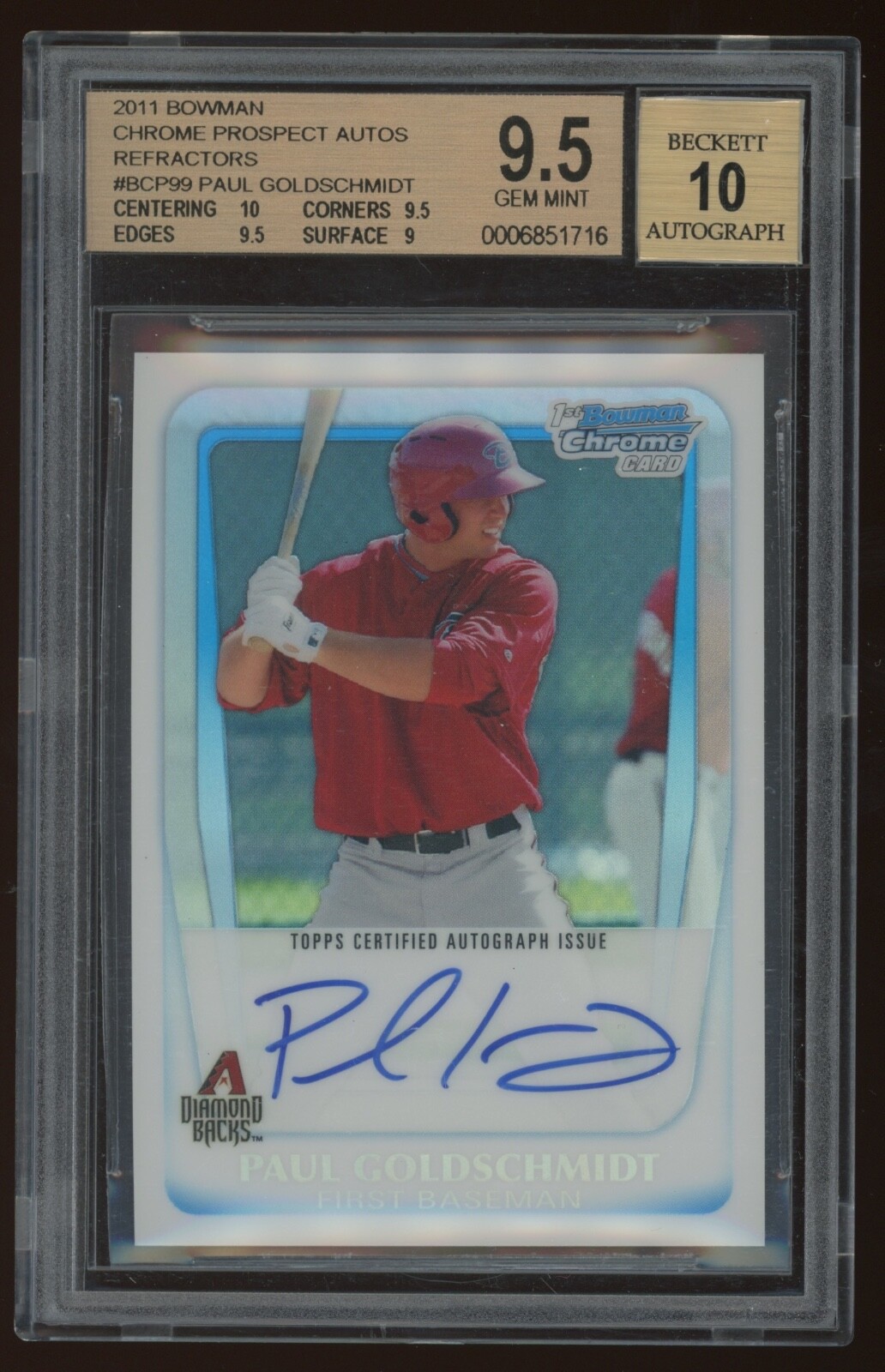 2011 Paul Goldschmidt Bowman Chrome Prospect Auto Refractor RC /500 BGS 9.5/10