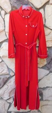 VTG 60's 70's RED VELOUR House Coat Robe Scallop Embroidered Button Up Tie Belt
