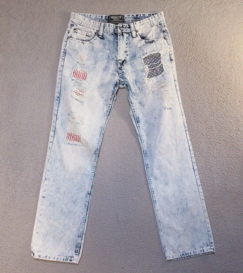 Pantalones de mezclilla Brooklyn Xpress 34x32 para hombre Y2K lavado con ácido aplastado destruido real 33x31 Foto 3 de 4