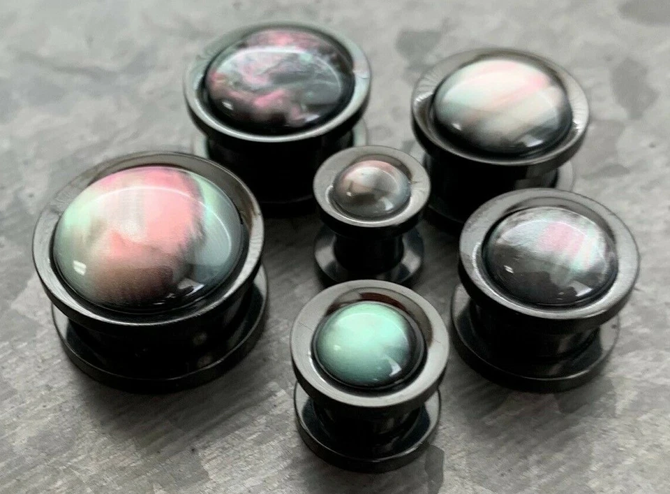 PAR Concha Iridiscente Negro Tornillo Ajuste Túneles Pendientes Medidores Tapones Joyería Corporal Foto 2 de 4