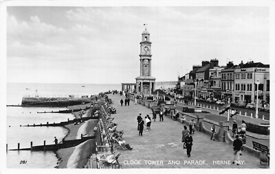 A884 England Clock Tower and Parade Herne Bay Clock Tower RPPC vintage postcard
