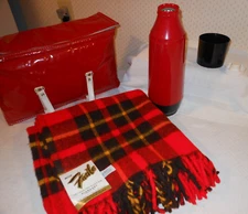 NEW Faribo Plaid  Blanket 50x60 in Red Insulated Lunch Cooler Bag w/Thermos
