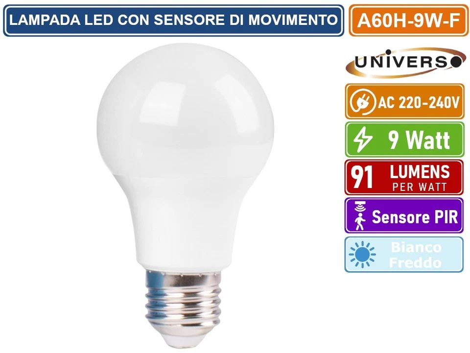 LAMPADINA LED E27 9W BULB A60 CON SENSORE DI MOVIMENTO BIANCO FREDDO 6500K - Immagine 2 di 3