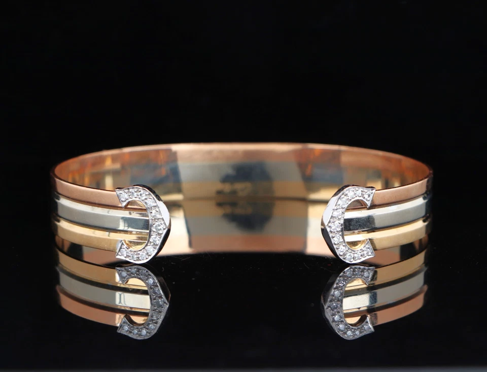 Vintage Cartier 18k Yellow Rose White Gold Double C Diamond Cuff Bracelet Sz 17