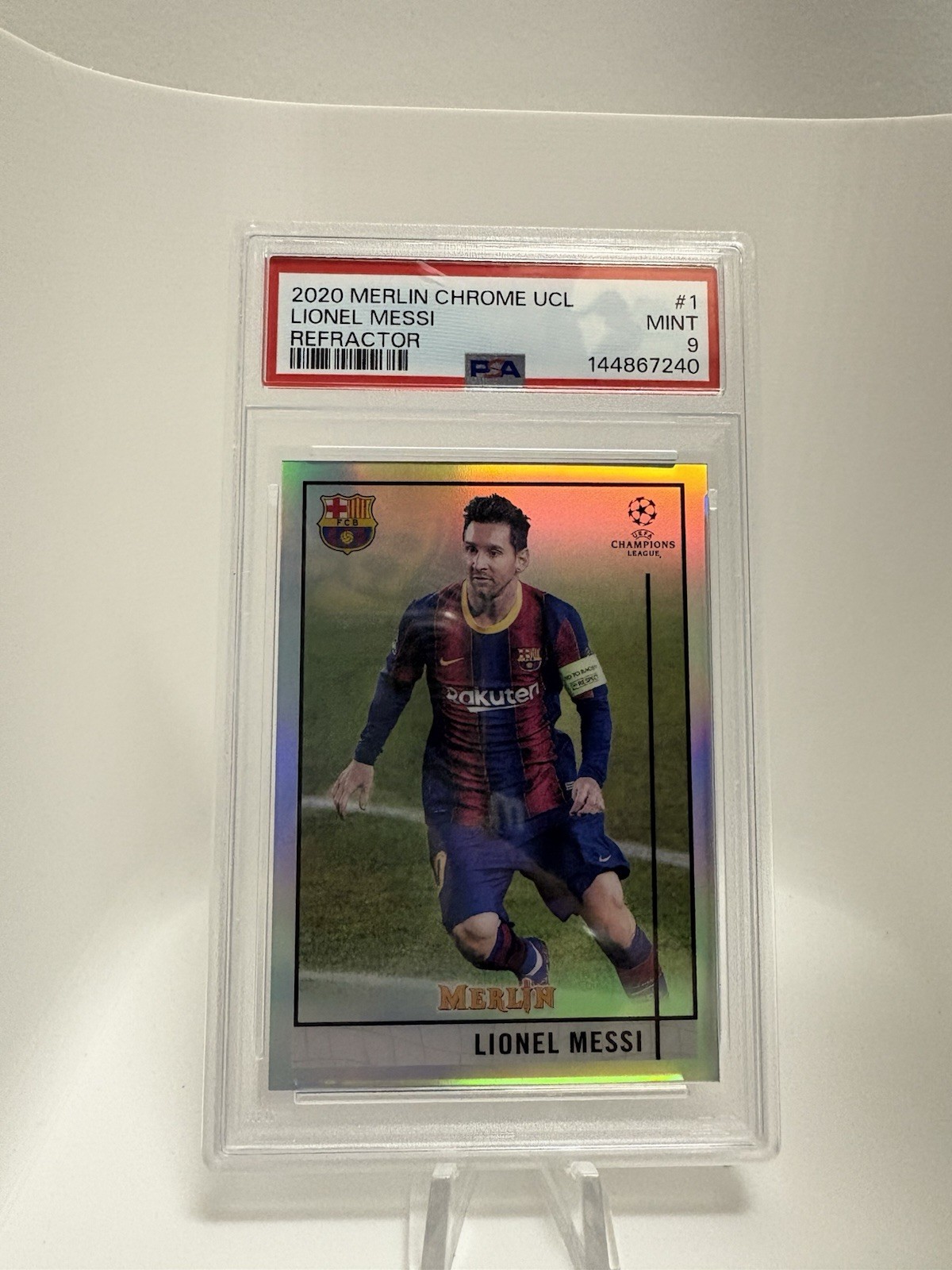2020 TOPPS MERLIN CHROME UEFA UCL REFRACTOR #1 LIONEL MESSI PSA 9 Mint Pop 56