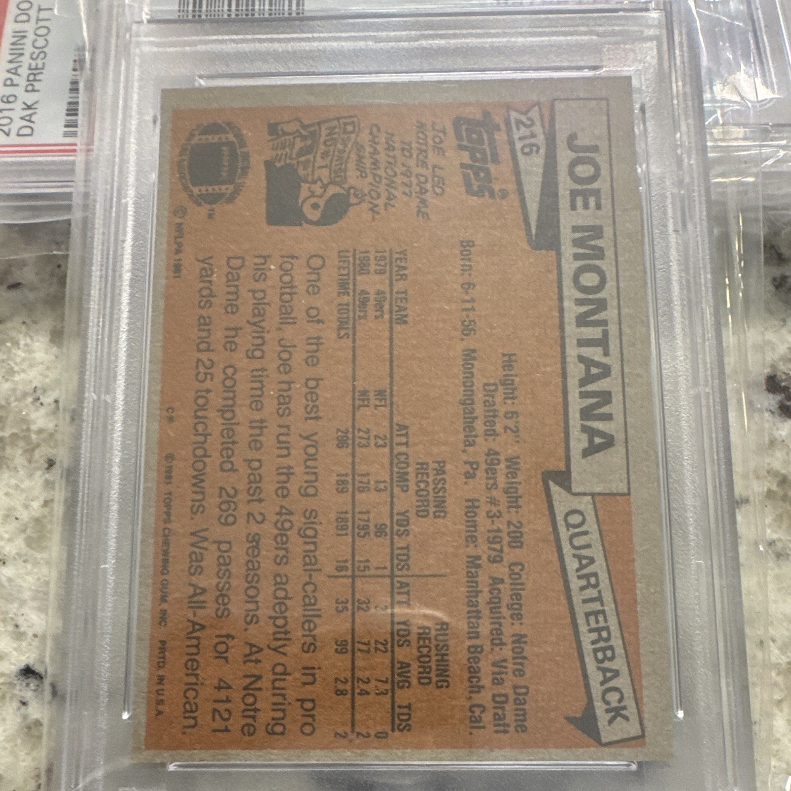 1981 Topps Joe Montana #216 Rookie RC Base PSA 6 EX-MT San Francisco 49ers view 3