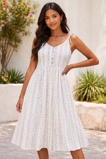 LOFT White Midi Dress with Blue Stripes and Red Dots – Size 6