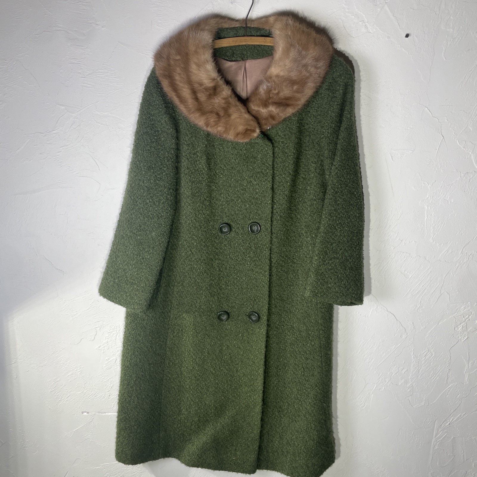 Green 1960s Fur Coat True Vintage Long Trench Style Two Tone Collar Fox? Beaver?