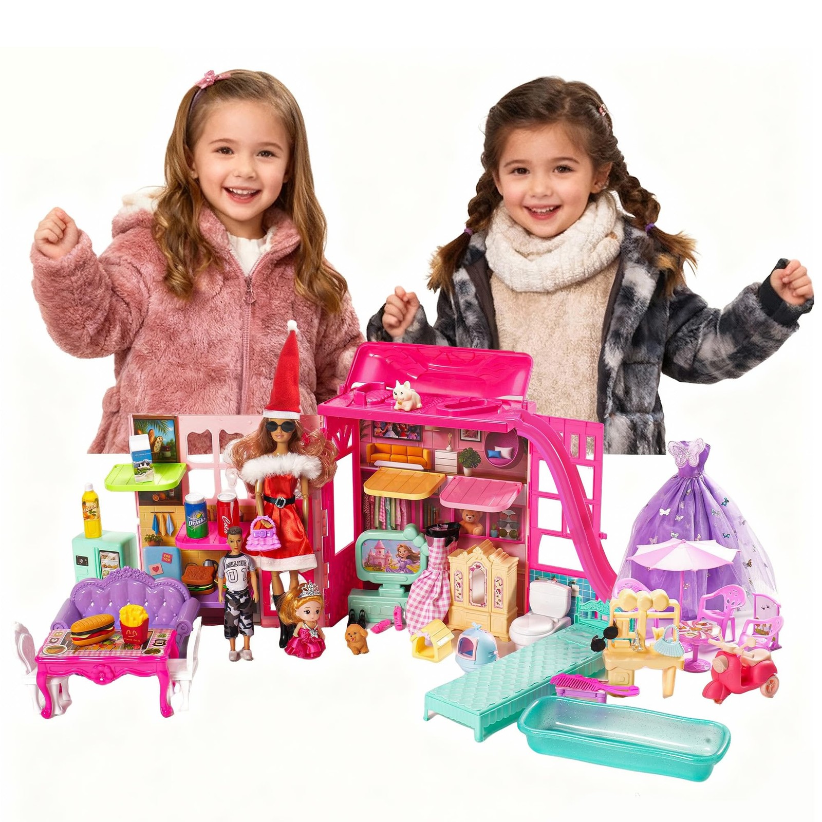 Portable Dollhouse for Girls & Toddlers 3-5, Foldable Playhouse with 3 Dolls,...