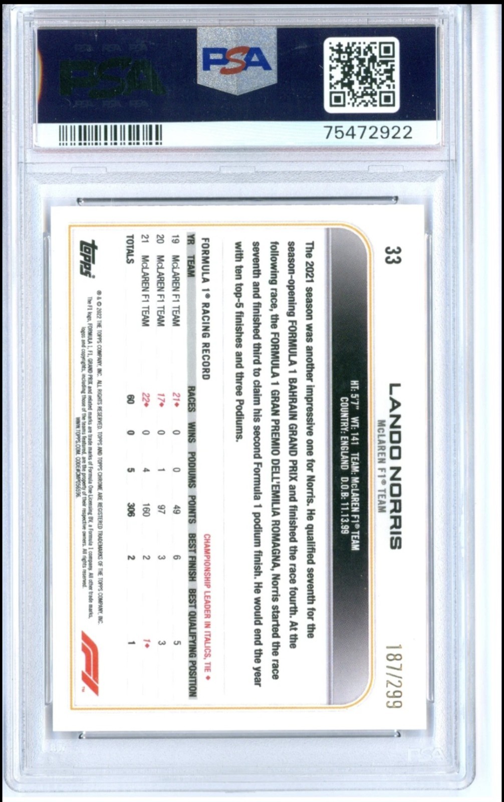 2022 Topps Chrome F1 #33 Lando Norris Mini Diamonds Refractor PSA 9 /299 view 2