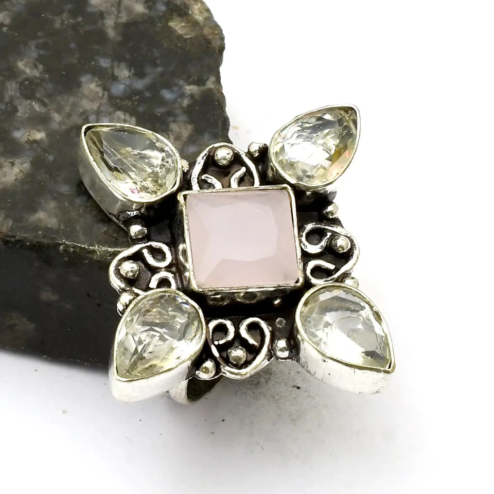 Ethno-Ring Rose Chalzedon Citrin Edelstein Schmuck als Geschenk US-Größe 9 AR 33431