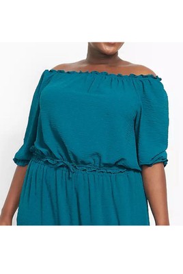 Lane Bryant Plus Size Classic Sleeve Off Shoulder Teal Top Swiss Dot 30/32 NWT