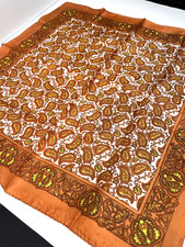 22  SQUARE VINTAGE ACETATE JAPAN SCARF ORANGE RUST LEAVES PRINT