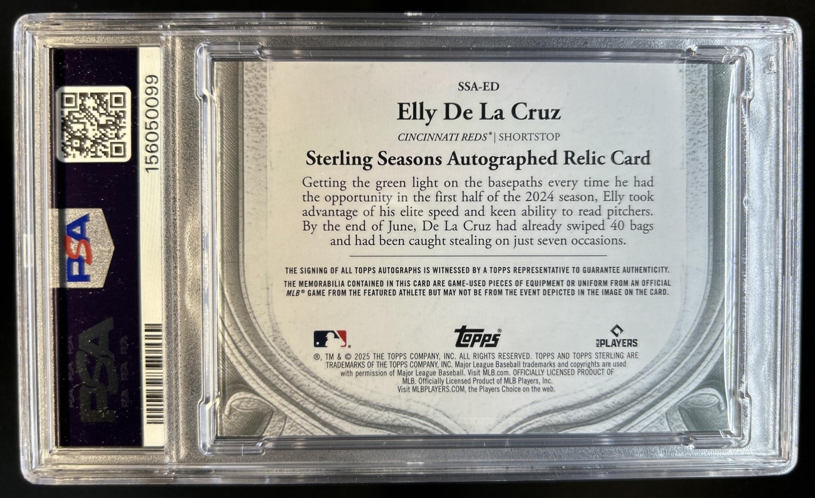 2025 Topps Sterling Elly De La Cruz Seasons Auto Relics Bat #/25 Reds PSA 8 view 2