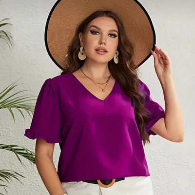 Purple Lettuce Sleeve V-neck Blouse