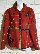 Orvis Red Cotton Folk Art Embellished Jacket Womens M Tassel Trim