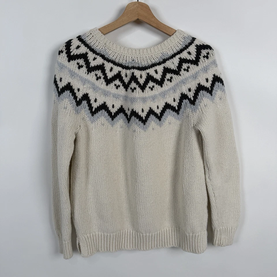Ann Taylor LOFT Fair Isle Sweater Large Cream Blue Crew Neck Pullover Outdoors - Image 3 of 4