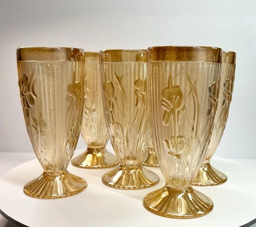 Vtg JEANETTE Iris & Herringbone Footed Tumbler Iridescent Marigold 8 oz Set of 6