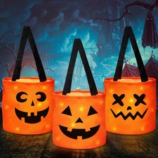 3Packs Halloween LED Light Up Trick or Treat Bags, Halloween Pumpkin Bucket, ...