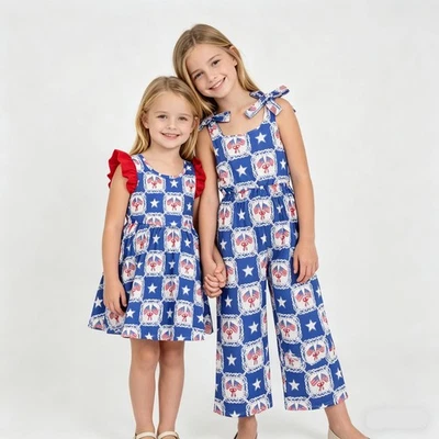 Flag & Star Bow Blue Print Baby Girls 4th of July Strap Jumpsuits Dress Sisters - Image 1 of 4