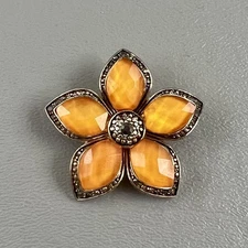 Floral Flower Brooch Pin Orange Faceted Rhinestones 1.75" Daisy Silver Tone
