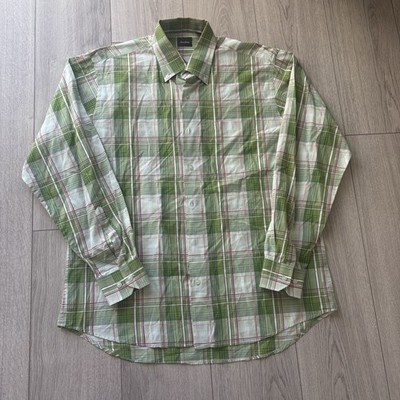 Neiman Marcus Mens dress shirt L 100% Cotton Button Up Plaid Excellent
