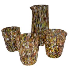 Hand Blown Pitcher & Drinking Glasses – Set of 4 Splatter Confetti Glasses.VGC