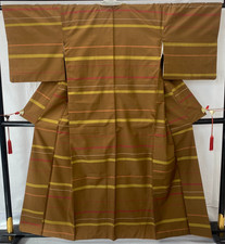 Japanese Vintage Kimono Polyester Brown Striped Traditional Authentic Length61in