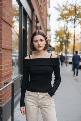 Art Class Junior Black Stretchy Off-The-Shoulder Ribbed Long Sleeve Top