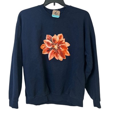 Upcycled Hand Printed Womens XL Red Poinsettia Flower Long Sleeve Sweatshirt