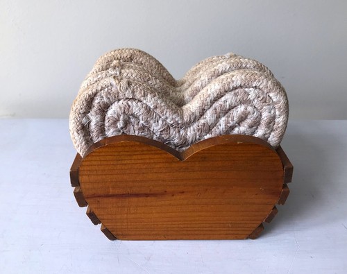 Vintage Farmhouse Braided Heart 4 Coaster Set in Heart Shaped Wooden Box, Slats - Picture 3 of 13