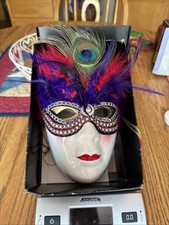 Porcelain Mardi Gras Face Wall Mask - Peacock Feather Red, Purple and Tassels