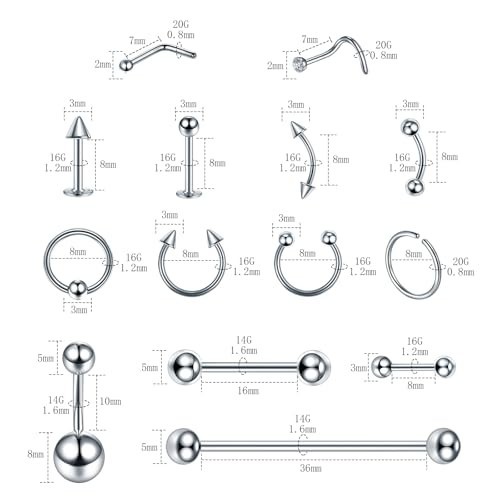 Silver Body Piercing Kit - Surgical Steel 14G 16G BCR CBR Labret Lip Rings, Tool - second product detail image