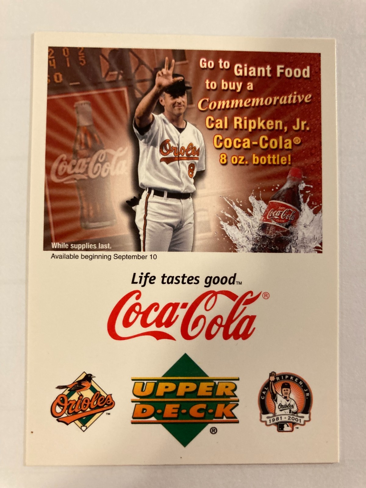 2001 Upper Deck Coca Cola Cal Ripken Jr.  Last Game Tribute Header Card