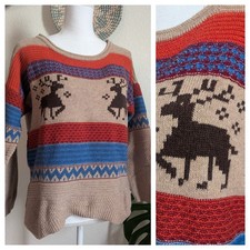 Vintage 90s Reindeer Fair Isle Chunky Knit Sweater Brown Women s Size M