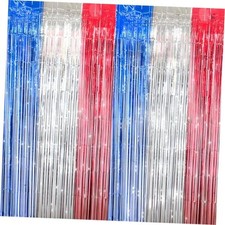 2 Pack 3.3x6.6ft Tinsel Fringe Curtains 4th of July Blue Silver Red