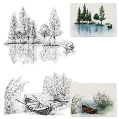 Lake River Scenery Trees Boat Clear Stamps Words Transparent for Card Making