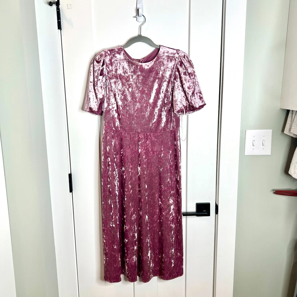 Vestido Donna Morgan Rosa Malva Terciopelo Atado Espalda Midi Corte Manga Abullonada Talla 8 Foto 3 de 4