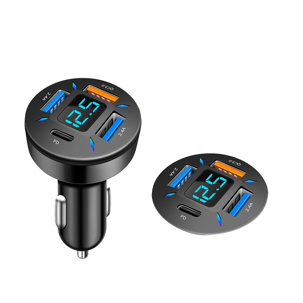 New 4 USB QC3.0+PD USB Car Cigar Charger Lighter Digital LED Voltmeter 12V/24V