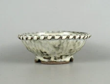 Japanese Bonsai pot ECHIZEN BUNZAN sign Beige glaze Roped edge Round w6.1" *1406