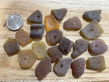 Sea glass - 20 Small Center Drilled Pieces Of Brown Sea Glass