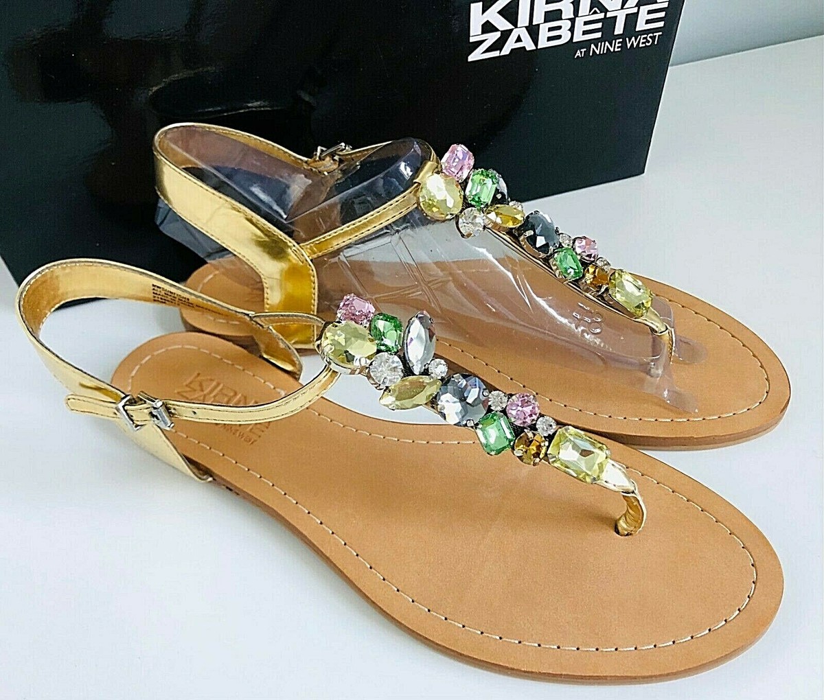 KIRNA ZABETE Nine West Jeweled Sunfish Gold Thong Sandals Sz 8.5