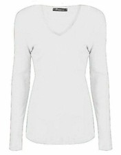 Ladies Long Sleeve V-Neck T-shirt Womens Stretch Top Stretchy Basic Plain 8-26