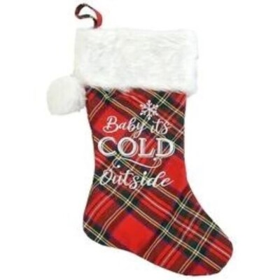Red Tartan Plaid Christmas Stocking ''Baby It's Cold Outside'' Print 20'' New