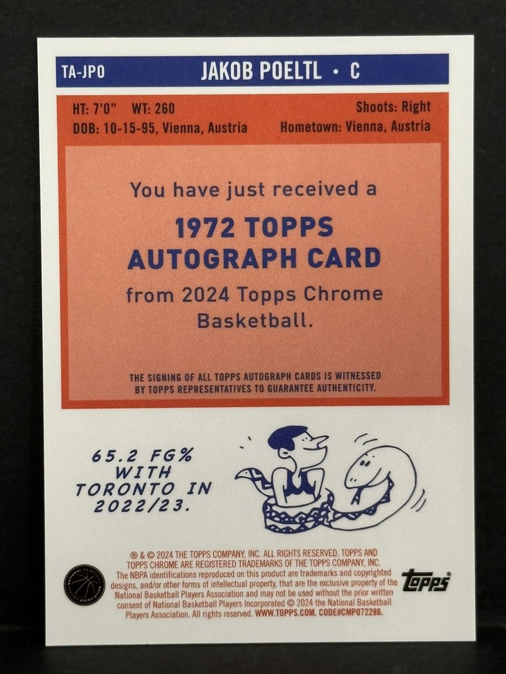 2024 Topps Chrome Basketball Jakob Poeltl 1972 Topps Center Auto Gold